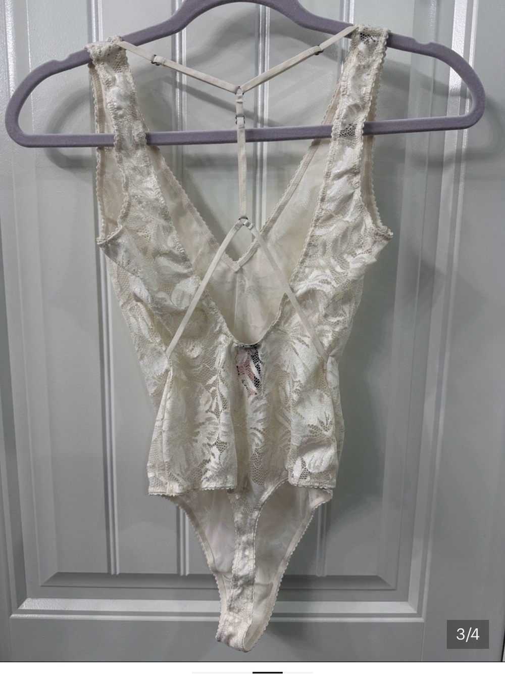 Victoria's Secret Cream Lace Plunge Strappy Bodysuit